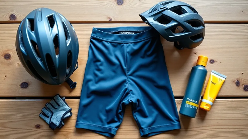 Cycling gear and accessories neatly arranged on wooden surface