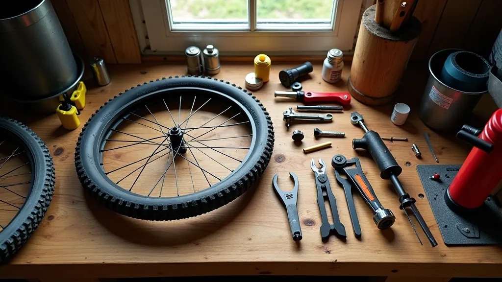 Bicycle repair kit laid out including spare inner tube, tire levers, mini pump, multi-tool, and front/rear LED lights on a workbench