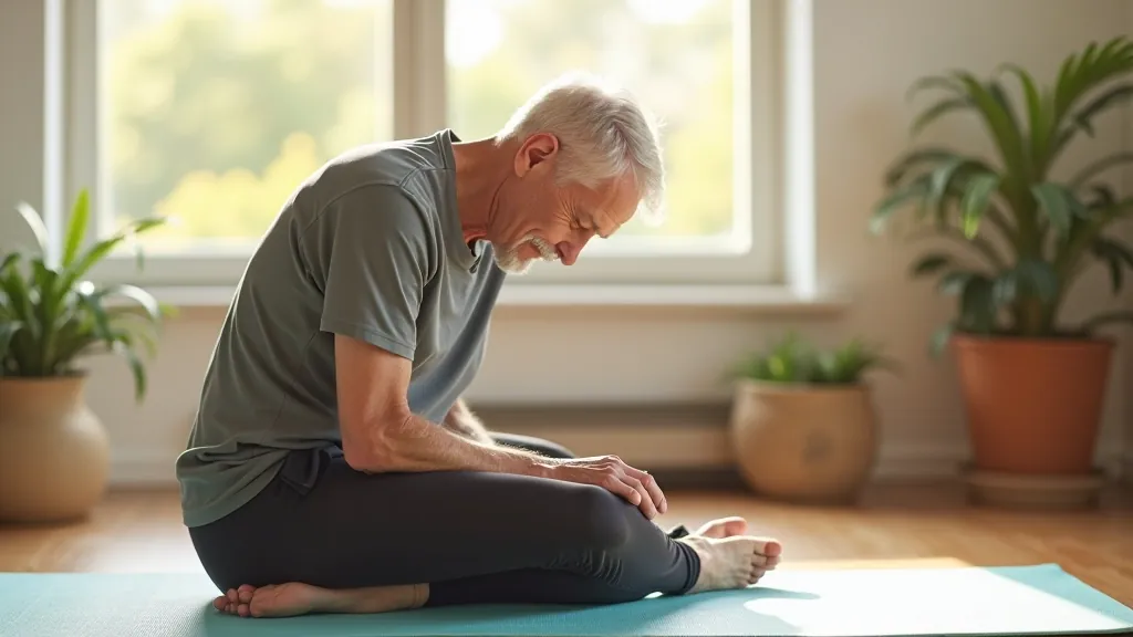 Cyclist doing gentle stretching exercises on a yoga mat in a bright home setting