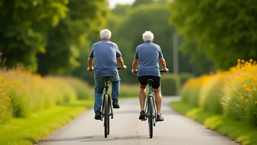 Two cyclists on a path, wearing casual cycling clothing, outdoors